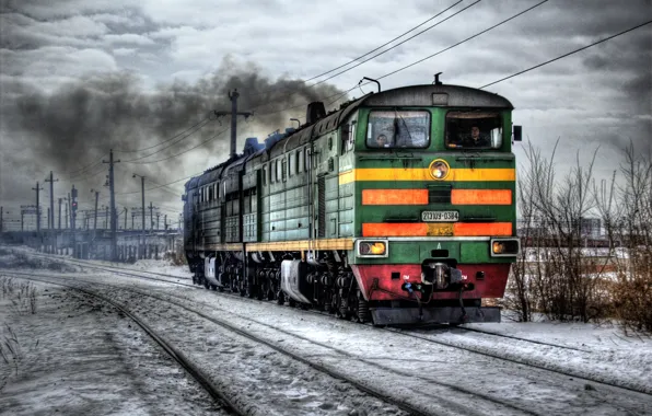 Зима, hdr, железная дорога, локомотив