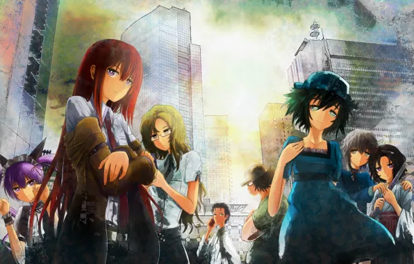 Девушки, аниме, арт, мужчины, makise kurisu, okabe rintarou, shiina mayuri, steins;gate