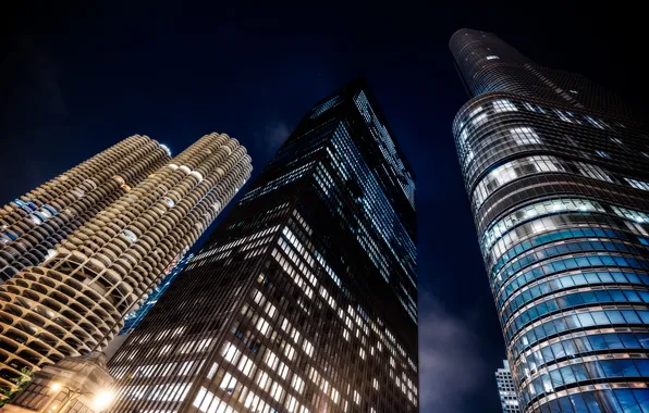 Картинка ночь, огни, здания, небоскребы, USA, чикаго, Chicago, высотки