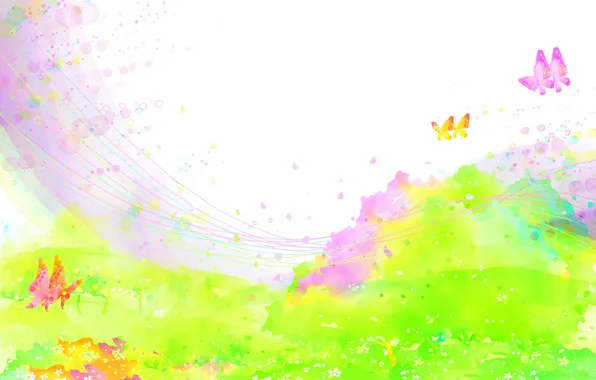 Картинка поле, бабочки, цветы, брызги, краски, детские обои