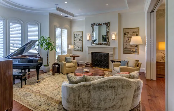 Картинка интерьер, рояль, камин, гостиная, Beverly Hills residence