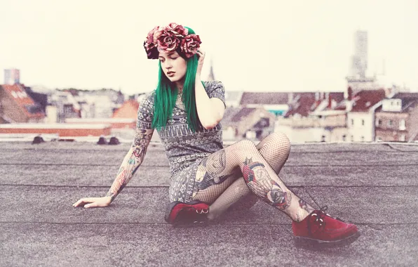 Крыши, зеленые волосы, legs, tattoos, roofs, red shoes, green hair, красные туфли