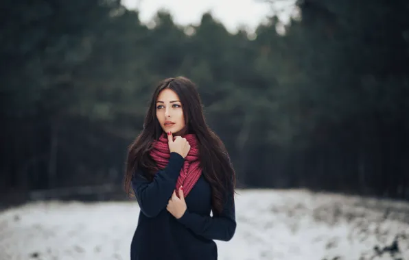 Лес, взгляд, девушка, снег, деревья, поза, руки, Иван Сальников