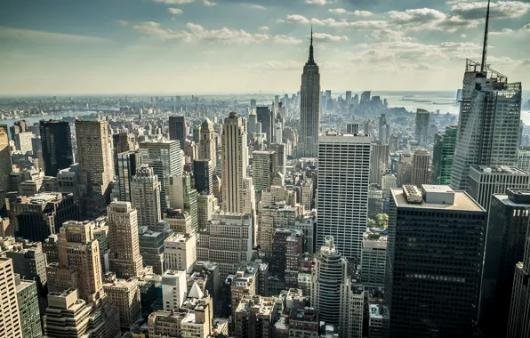 Дома, Нью-Йорк, небоскребы, панорама, США, мегаполис, вид сверху
