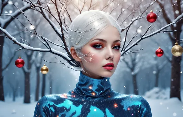 Зима, лес, девушка, шарики, снег, ветки, природа, стиль