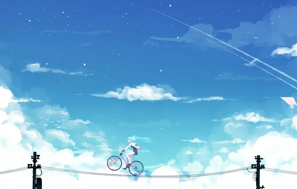 Картинка небо, девушка, облака, велосипед, провода, аниме, арт, vocaloid