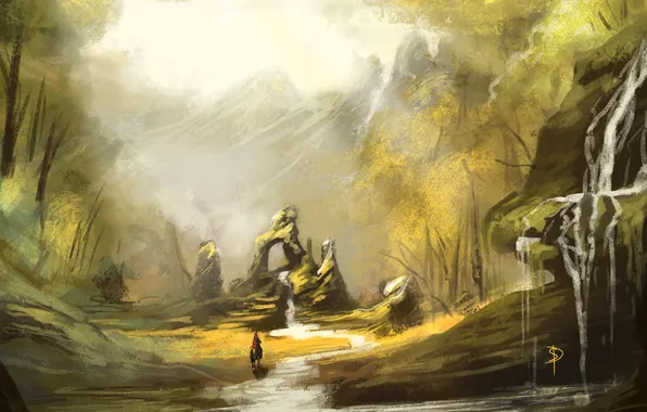 Картинка лес, река, скалы, лошадь, человек, водопад, арт, всадник
