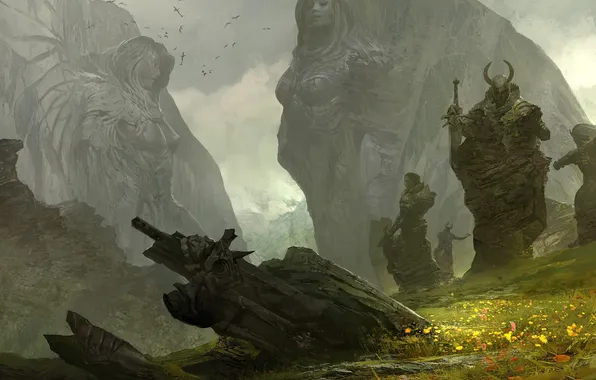 Картинка трава, горы, воины, Guild Wars 2, статуи