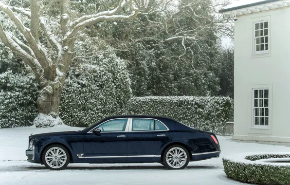 Картинка Зима, Авто, Bentley, Синий, Снег, Машина, Здание, седан