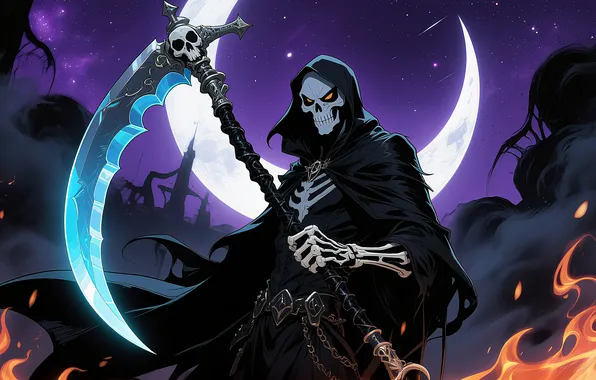 Skull, night, cemetery, death, scythe
