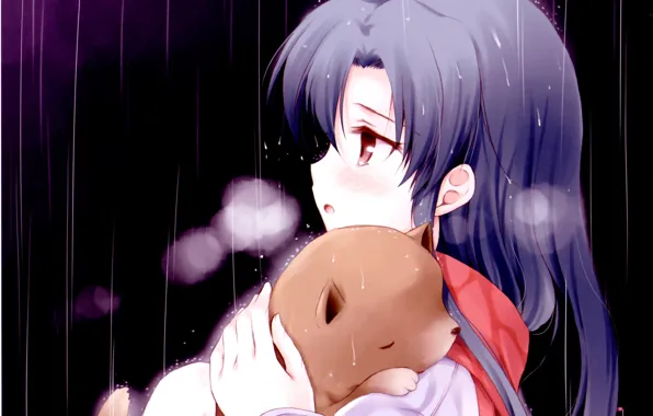 Капли, ночь, дождь, шарф, щенок, art, Chihaya Kisaragi, Idol Master