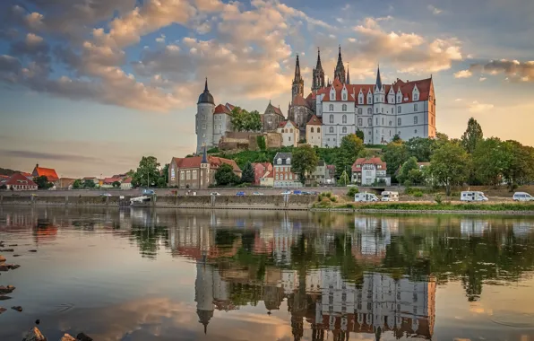 Картинка отражение, река, замок, здания, дома, Германия, набережная, Germany
