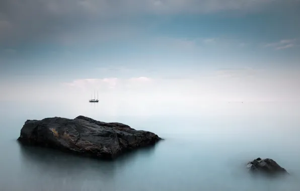 Картинка море, пейзаж, туман, корабль
