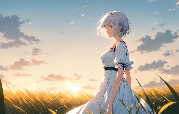 Поле, девушка, солнце, аниме, girl, field, woman, anime