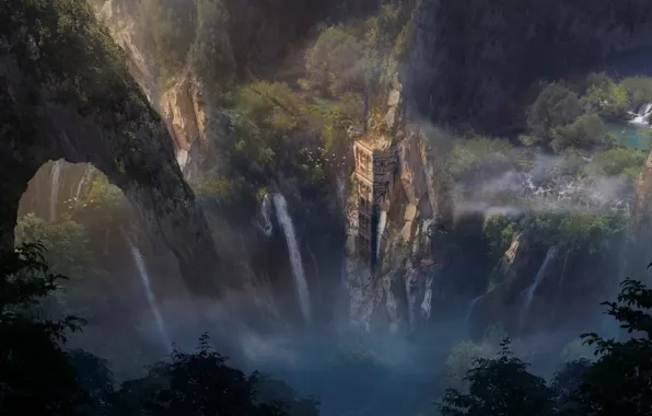Картинка деревья, горы, скалы, водопад, строение, solitary tower, Julian Calle