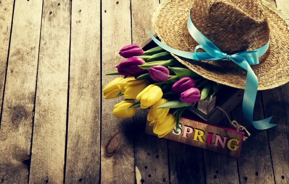 Картинка цветы, весна, шляпа, желтые, colorful, тюльпаны, yellow, wood