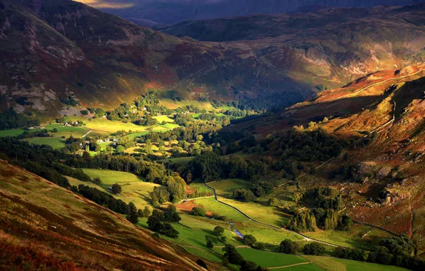 Картинка осень, свет, деревья, холмы, склоны, Англия, долина, деревня