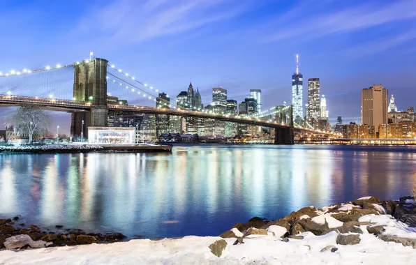 Картинка зима, снег, ночь, мост, город, огни, небоскребы, USA