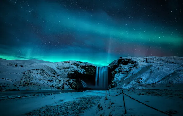 Горы, ночь, полярное сияние, Георгий Бычковский, Aurora over Skogafoss