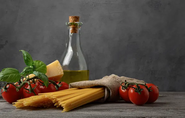 Бутылка, сыр, помидоры, спагетти, макароны, базилик, растительное масло