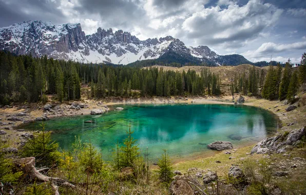 Mountains, snow, water mirror, blue-green