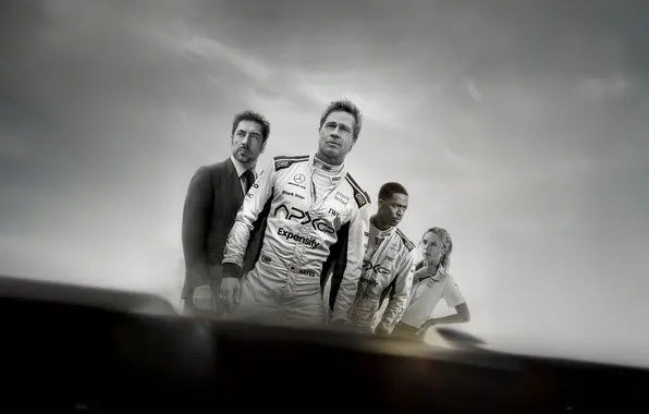Спорт, гонки, черно-белое, Формула 1, Брэд Питт, Brad Pitt, постер, персонажи