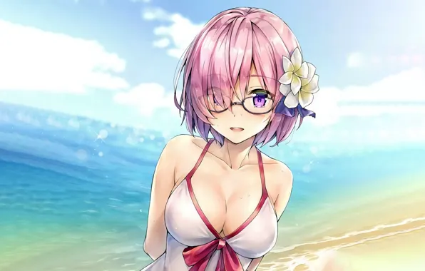 Girl, sexy, cleavage, beach, blouse, pink hair, sea, boobs