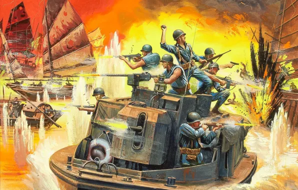 Картинка оружие, огонь, рисунок, взрывы, арт, солдаты, стрельба, Вьетнам