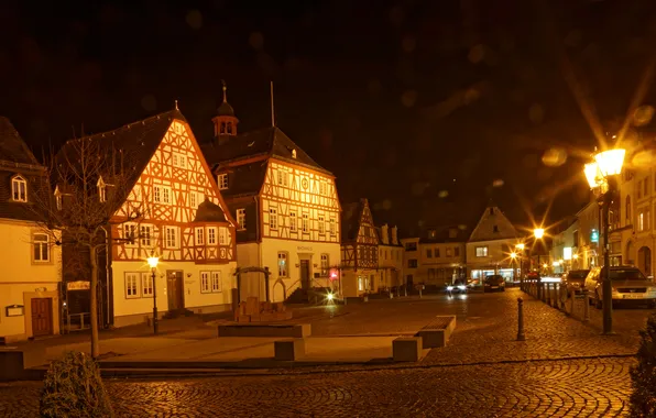 Картинка ночь, огни, улица, дома, Германия, фонари, Kirchberg