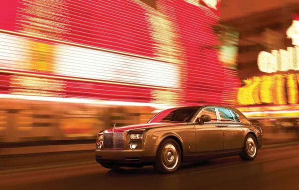 Картинка ночь, огни, скорость, Phantom, Rolls Royce, ночной город, 2009, ролс ройс