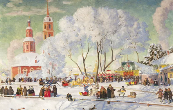Картинка зима, деревья, масло, церковь, храм, холст, народ, Борис КУСТОДИЕВ