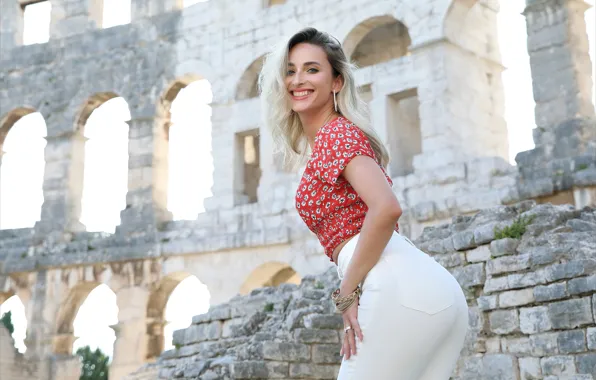 Red, white, hot girl, bricks, rear, ruins, outside, sexy woman