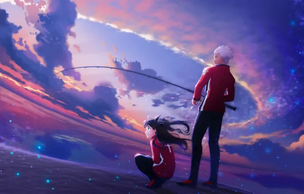 Небо, удочка, рин, арчер, Fate / Stay Night, Судьба Ночь схватки