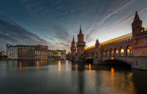 Небо, облака, мост, река, Германия, Берлин, Шпрее, Oberbaumbrücke