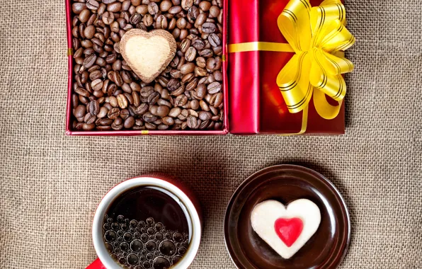 Картинка праздник, коробка, подарок, сердце, кофе, зерна, чашка, пирожное