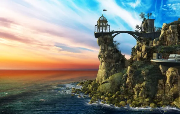 Sky, sea, rocks, monastery