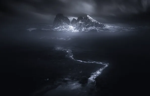 Картинка снег, горы, ручей, тьма, мрак