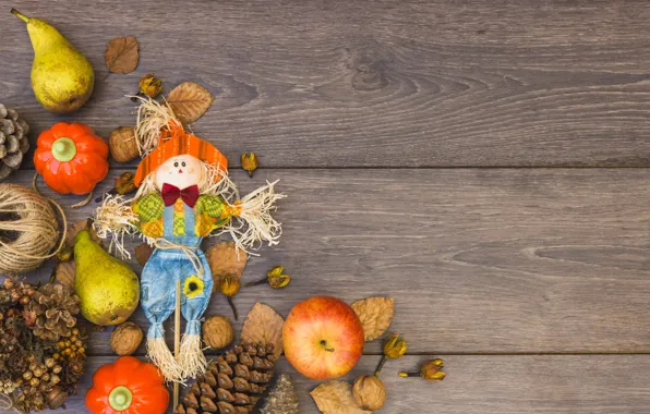 Картинка осень, листья, яблоки, фрукты, орехи, груши, wood, autumn