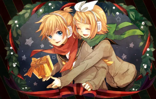 Дети, подарок, новый год, двое, Vocaloid, Вокалоид, Кагомине Лен, Кагомине Рин