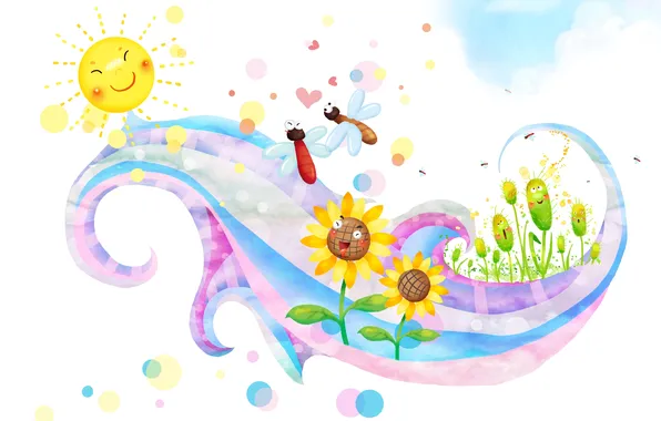 Солнце, бабочки, цветы, улыбки, детские обои, завиток