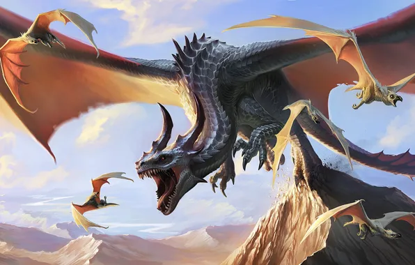 Картинка дракон, Brian Valeza, Виверны, вымышленное существо, Afternoon Snack, Dragon hunting Wyverns