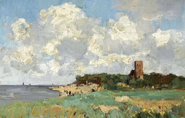 Картинка облака, пейзаж, башня, картина, Cornelis Vreedenburgh, A Sunny View of a Farm in a Polder …