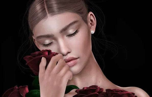 Картинка девушка, лицо, фон, розы, букет