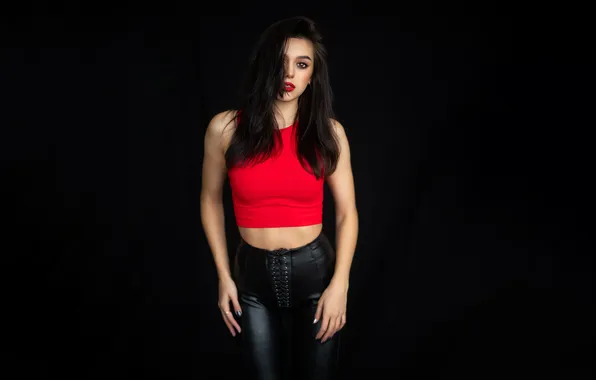 Девушка, studio, model, brunette, black background, makeup, red lipstick, simple background