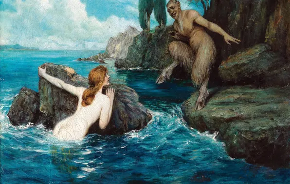 Вода, Русалка, Камни, Картина, Двое, Обнажена, Ferdinand Leeke, Немецкий художник