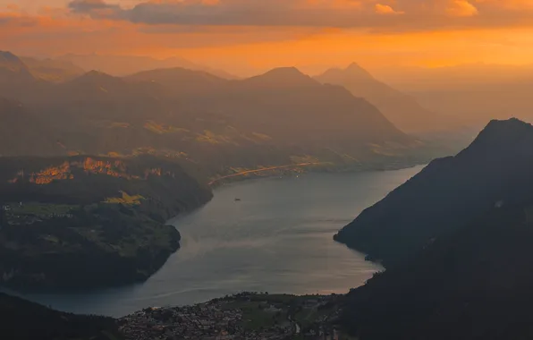 Закат, горы, река, панорама, Switzerland, Grosser Mythen, Marcel Bisig