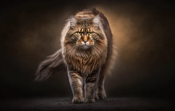 Кошка, кот, взгляд, природа, поза, прогулка, мордашка, мейн-кун