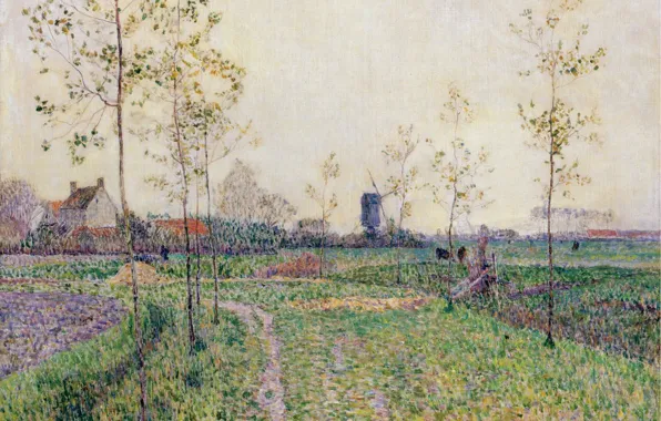 Дом, картина, ветряная мельница, 1894, Пауль Баум, Paul Baum, Осенний Пейзаж возле Кнокке