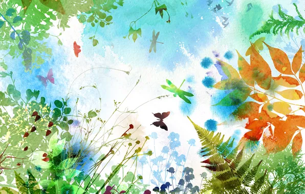 Картинка листья, бабочки, цветы, ветки, папоротник, стрекозы