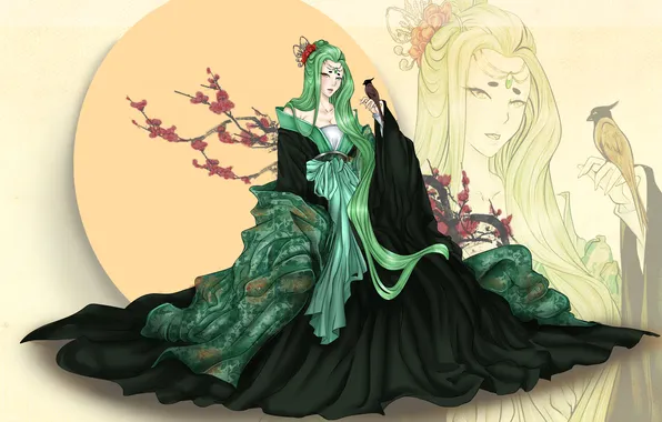 Картинка птица, Девушка, вектор, кимоно, зеленые волосы